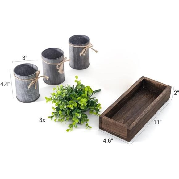 Decorative Galvanized Metal Pots Centerpiece Decor Wood Tray withfake Eucalyptus - Picture 3 of 5